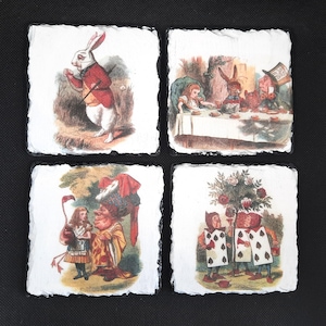 Alice in Wonderland Slate Coasters: Vintage Decoupage Drink Coasters, Set of 4