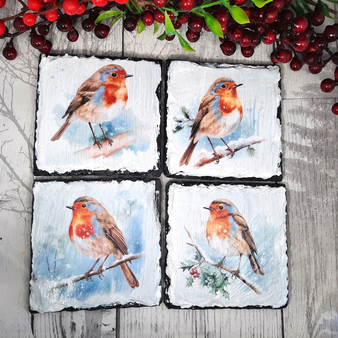 Robin Slate Robin Slate Coaster Set: Watercolour Decoupage, Nature Gift - Etsy