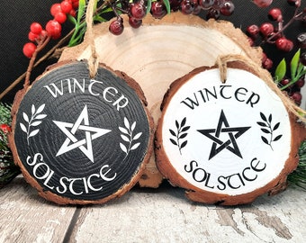 Rustic Wood Slice Winter Solstice Ornament: Yule Pagan Wiccan Pentacle Decor