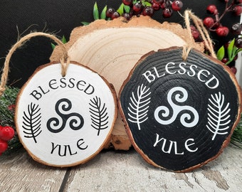 Blessed Yule Wood Slice Ornament: Pagan Wiccan Winter Solstice Triskele Decor