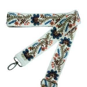 Bestickter Taschengurt, Kameragurt, Kameragurt, verstellbare Tasche, Schultertasche, peruanische Handarbeit, elfenbeinfarbener Gürtel, blaue Blume, Geschenk für Sie