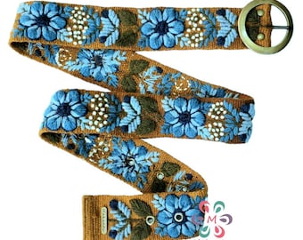 Ceinture en laine biologique camel avec fleurs bleues, broderie péruvienne faite à la main, ceinture bohème florale artistique, cadeau pour femme, XS, S, M, L, XL
