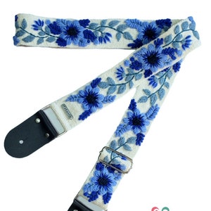 Adjustable embroidered guitar strap, handmade white guitar strap, blue flowers, leather ends, gift for guitarist, peruvian, ethnic, boho