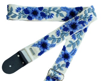 Adjustable embroidered guitar strap, handmade white guitar strap, blue flowers, leather ends, gift for guitarist, peruvian, ethnic, boho