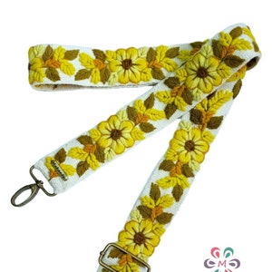 Bestickter Taschengurt, Kameragurt, bestickt, Kameragurt, verstellbare Tasche, Schultertasche, peruanische Handarbeit, weißes Elfenbein, gelbe Blume, ethnisch, boho, Geschenk sie