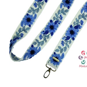 Embroidered bag strap, camera strap, adjustable bag, shoulder bag, peruvian handmade, ivory belt, blue flower, ethnic, boho, gift for her