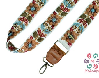 Ivory strap, BEIGE flowers, embroidered bag strap, camera strap, adjustable bag, shoulder bag, peruvian handmade, ethnic, boho, gift for her