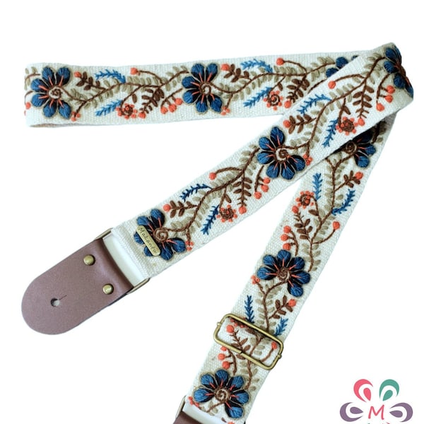 Adjustable embroidered guitar strap, handmade ivory guitar strap, blue flowers, leather ends, gift for guitarist, peruvian, ethnic, boho