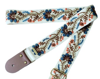 Adjustable embroidered guitar strap, handmade ivory guitar strap, blue flowers, leather ends, gift for guitarist, peruvian, ethnic, boho
