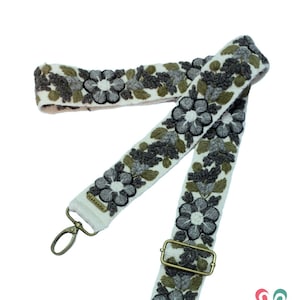 Bestickter Taschengurt, Kameragurt, bestickt, Kameragurt, verstellbare Tasche, Umhängetasche, peruanische Stickerei, elfenbeinfarbener Gürtel, Blume grau, Ethno, Boho, Geschenk für Sie