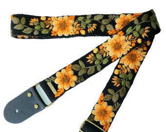 Black guitar strap with ORANGE flowers, adjustable embroidered guitar strap, leather ends, guitarist gift, Peruvian handmade, boho