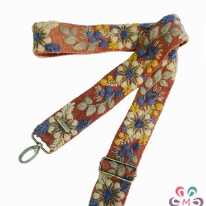 Orange farbener Taschengurt mit beigen Blumen, Kameragurt, verstellbare Tasche, Umhängetasche, peruanisch bestickt handgemacht, Boho, Geschenk für Sie