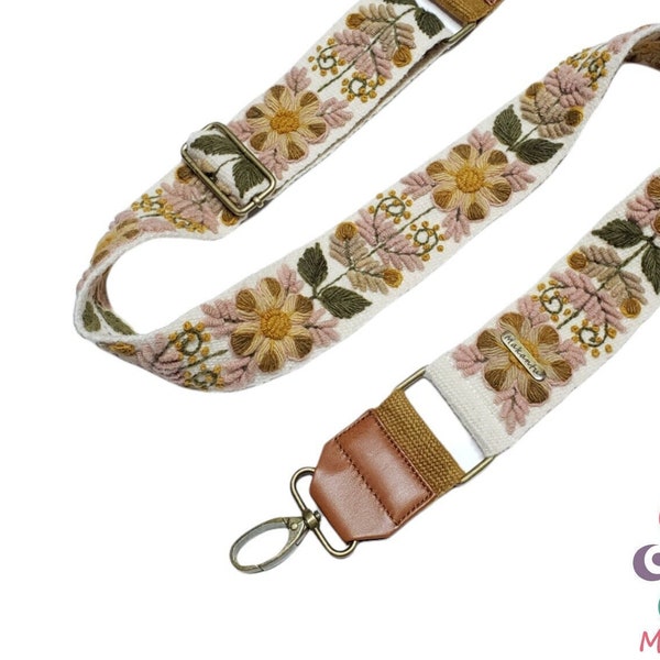 Embroidered bag strap, camera strap, adjustable bag, shoulder bag, peruvian handmade, ivory belt, beige flower, ethnic, boho, gift her