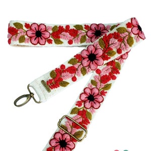 Bestickter Taschengurt, Kameragurt, bestickt, Kameragurt, verstellbare Tasche, Umhängetasche, peruanische Handarbeit, ivory Gürtel, rosa Blume, Ethno, Boho, Geschenk für Sie