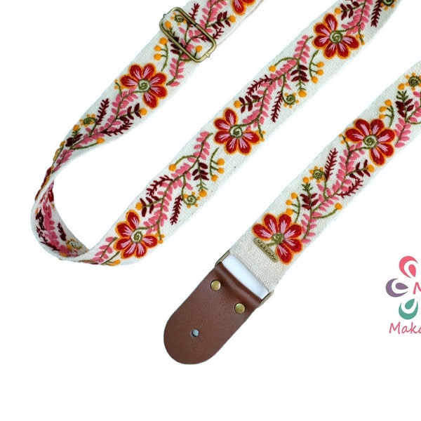 Adjustable embroidered guitar strap, handmade white guitar strap, red flowers, leather ends, gift for guitarist, peruvian, ethnic, boho