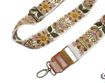 Embroidered bag strap, camera strap, adjustable bag, shoulder bag, peruvian handmade, ivory belt, beige flower, ethnic, boho, gift her