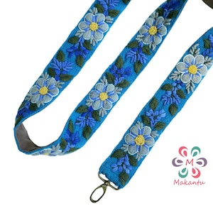 Bestickter Taschengurt, Kameragurt, verstellbare Tasche, Umhängetasche, peruanische Stickerei, blauer Gürtel, blaue Blume, Ethno, Boho, Geschenk für Sie