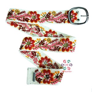 Ivory belt with red flowers, Peruvian embroidered belt, handmade embroidery, artistic floral plus size belt, woman gift, XS, S, M, L, XL