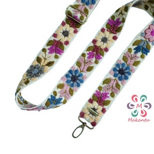 Bestickter Taschengurt, Kameragurt, verstellbare Tasche, Umhängetasche, peruanische Handarbeit, cremefarbener Gürtel, bunte Blume, ethnisch, Boho, Geschenk für sie