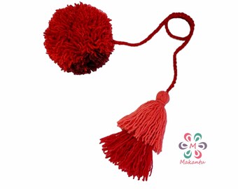 Red pom pom bag charm, peruvian purse cham, natural wool charm, tassel bag charm, bag decor, gift for her