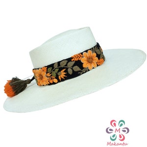 Black hat strap with orange flowers, embroidered hat band, handmade hat band, peruvian embroidery.