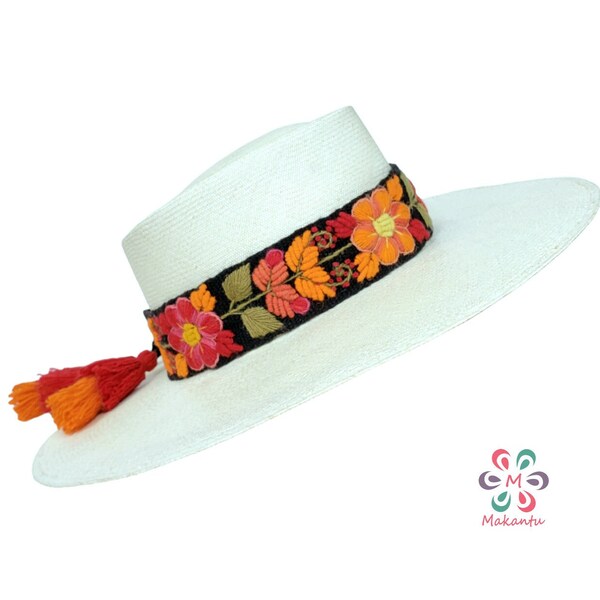 Bandeau de chapeau noir avec fleurs orange et rouges, bandeau de chapeau brodé, bandeau de chapeau fait main, broderie péruvienne.