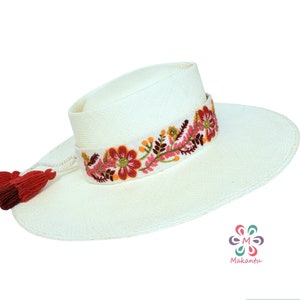 Ivory hat strap with red flowers, embroidered hat band, handmade hat band, peruvian embroidery.