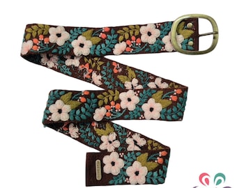 Ceinture MARRON avec fleurs de pêcher, ceinture en laine péruvienne, broderie faite main, ceinture florale artistique, ethnique, cadeau femme, XS - L