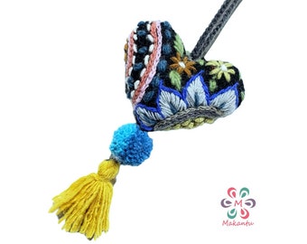 Black heart bag charm,  embroidered star, bag ornament with blue floral embroidery, purse charm, natural wool charm, bag decor