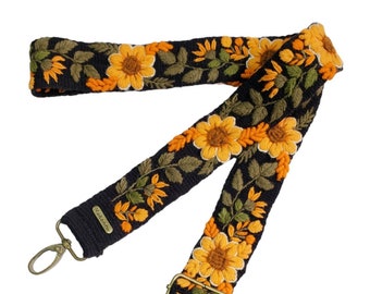 Black strap with ORANGE flowers, embroidered bag strap, camera strap, adjustable bag, shoulder bag, peruvian handmade, ethnic
