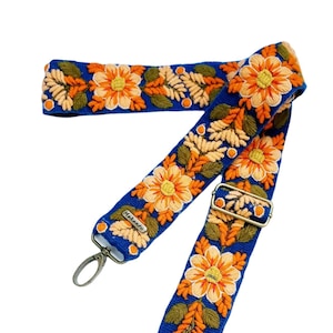 Bestickter Taschengurt, Kameragurt, verstellbare Tasche, Schultertasche, peruanische Blume, blauer Gürtel, orange Blume, Boho, Geschenk für sie,