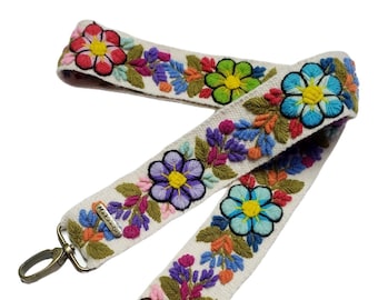 Embroidered bag strap, camera strap, adjustable bag, shoulder bag, peruvian handmade, ivory strap, colorful flower, boho, gift for her