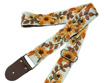 Ivory guitar strap with ORANGE flowers, adjustable guitar strap, handmade embroidery, leather ends, gift for guitarist, peruvian, ethnic