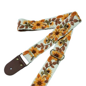 Ivory guitar strap with ORANGE flowers, adjustable guitar strap, handmade embroidery, leather ends, gift for guitarist, peruvian, ethnic