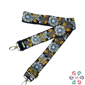 Bestickter Taschengurt, Kameragurt, verstellbare Tasche, Umhängetasche, peruanische Stickerei, schwarzer Gürtel, graue Blume, Geschenk für Sie
