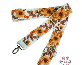 Ivory bag strap, ORANGE flowers, camera strap, embroidered strap, adjustable bag, shoulder bag, peruvian handmade, ethnic, boho,gift for her