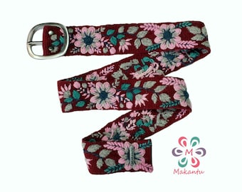 Cherry red belt with pink flowers, Peruvian embroidered belt, handmade embroidery, artistic floral, ethnic belt, women gift, S, M, plus size