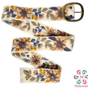 Ivory belt with beige flowers, Peruvian embroidery belt, handmade, artistic floral, boho, woman gift, XS, S, M, L, XL, plus size belt