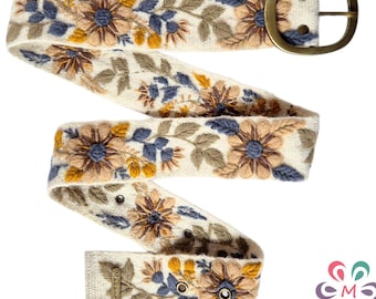 Ceinture ivoire avec fleurs beiges, ceinture brodée péruvienne, fait main, floral artistique, bohème, cadeau femme, XS, S, M, L, XL, ceinture grande taille