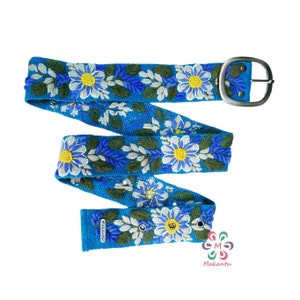 Peruvian embroidered belt, handmade embroidery, blue strap flower, artistic floral ethnic belt, boho, woman gift, XS, S, M, L, XL