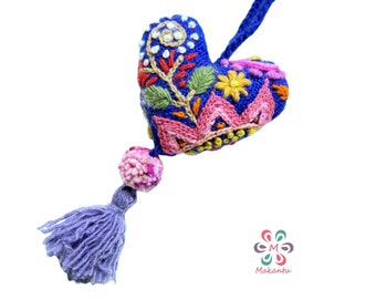 Blue heart bag charm,  embroidered star, bag ornament with fuchsia floral embroidery, purse charm, natural wool charm, bag decor