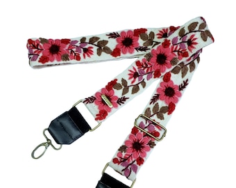 Embroidered bag strap, camera strap, adjustable bag, shoulder bag, peruvian handmade, ivory white belt, red flower, ethnic, boho, gift her
