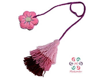 Pink flower bag charm, Peruvian purse charm, natural wool tassel, tassel bag charm, bag decor, bag accessory, bookmark, handmade gift