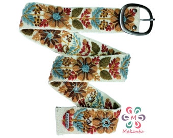 Peruvian embroidered belt, handmade embroidery, ivory belt, beige flower, artistic floral, ethnic belt, women gift, XS, S, M, L, XL, 3XL