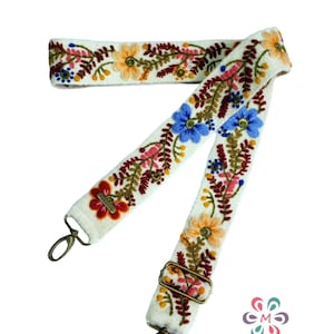 Bestickter Taschengurt, Kameragurt, verstellbare Tasche, Schultertasche, peruanische Handarbeit, elfenbeinfarbener Gürtel, bunte Blumen, ethnisch, boho