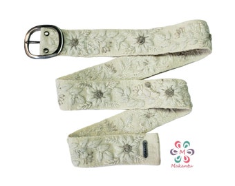 Ivory belt with ivory flowers, Peruvian handmade monochromatic embroidered belt, S, M, L, XL, plus size, boho belt, gift for her