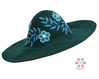 Green Wool Felt Hat: Handmade Embroidered Turquoise Flowers  display picture 3