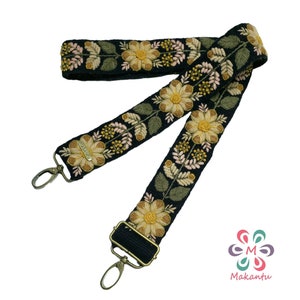 Schwarze Taschengurt mit beige Blumen, Kameragurt, verstellbare Tasche, Stickerei Schultertasche, peruanische Handarbeit, ethnisch, boho, Geschenk für sie
