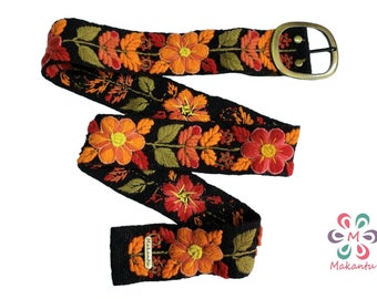 Ceinture brodée péruvienne, broderie fait main, ceinture noire, fleur rouge orange, ceinture ethnique florale artistique, cadeau femme, pérou XS, S, M, L, XL