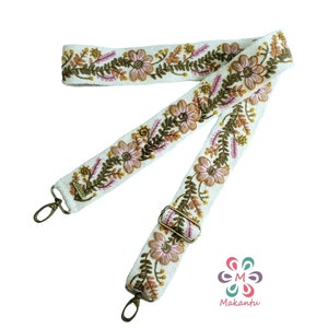 Bestickter Taschengurt, Kameragurt, bestickte Tasche, Schultertasche, peruanische Stickerei, elfenbeinfarbener Gürtel, beige Blume, Ethno, Boho, Geschenk für Sie